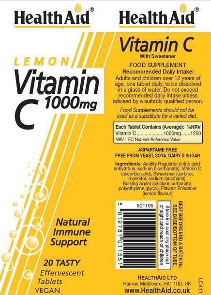 Health Aid Vitamin C 1000Mg Effervescent Lemon Flavour 20'S