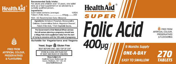 Health Aid Super Folic Acid 400ug 270's