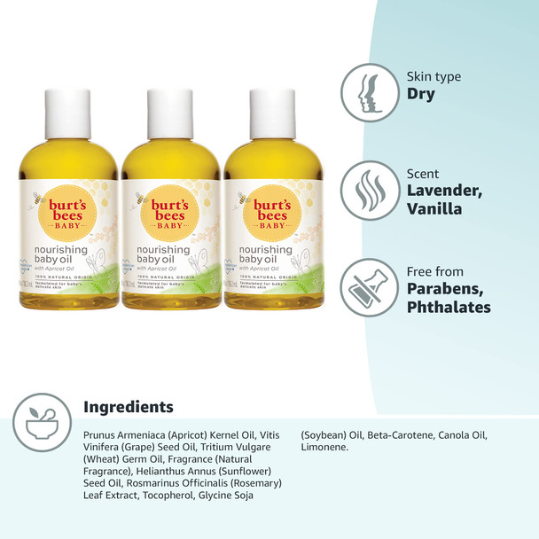 Burt's Bees Baby™ Nourishing Baby Oil, 100% Natural Baby Skin Care - 4 Ounce Bottle - Pack of 3