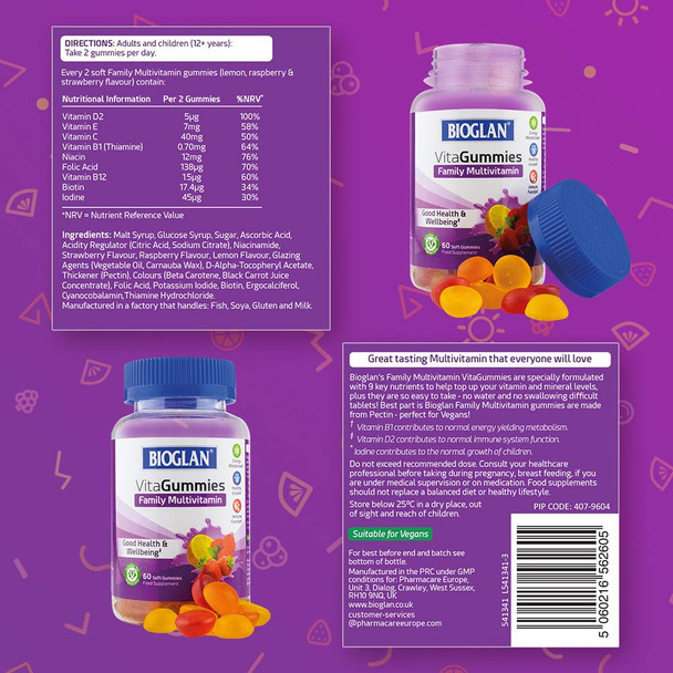 Bioglan Vitagummies | Family Multivitamin Supplement | Vegetarian Friendly | 3 Delicious Flavours | 60 Chewy Gummies