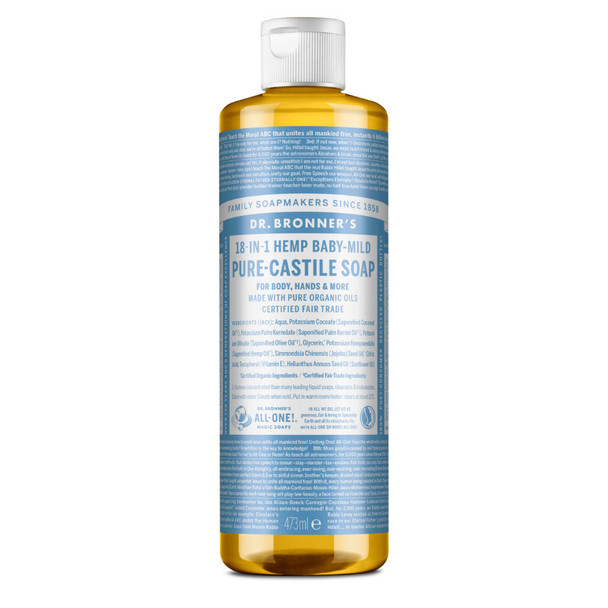 Dr Bronner's Magic Soaps 18-in-1 Hemp Unscented Baby-Mild Pure-Castile Liquid Soap 473ml