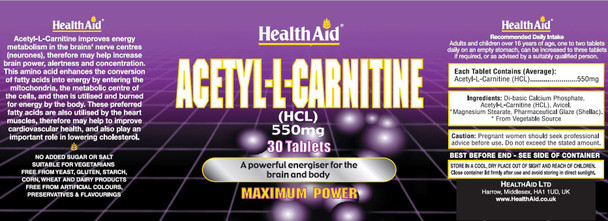 Health Aid Acetyl-L-Carnitine 550mg 30's