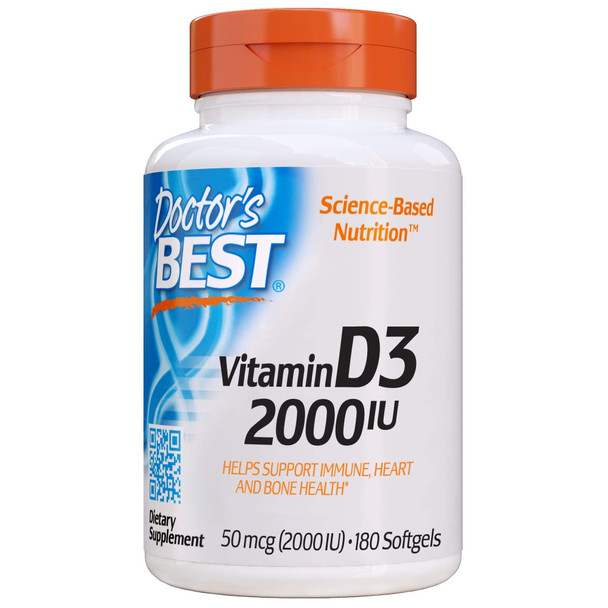 Doctor's Best Best Vitamin D3 50ug ( 2000 IU ), Non-GMO, No Gluten , No Soy, Regulates Immune Function, Supports Healthy Bones, 180 Softgels