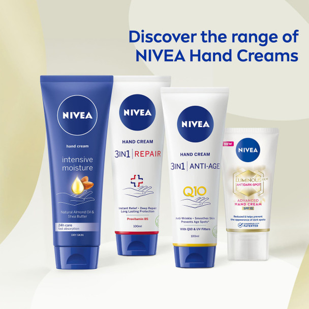 NIVEA 3in1 Q10 Anti-Age Care Hand Cream (100ml), Moisturising Hand Cream Reduces the Appearance of Wrinkles with Q10 and UV Filters, NIVEA Hand Cream for 24 Hour Moisture