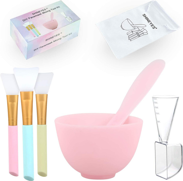 [No Plastics] SHINEYES DIY Facial Mask Mixing Silicone Bowl Set, 6 in 1 Mixing Tool Kit with Bowl Applicator Spatula Brush Liquid Powder Measuring Cup for Mask