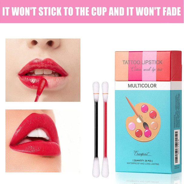 20 Pcs/Box Tattoo Lipstick Cotton Swab, Long Lasting Waterproof Non-Stick Lipstick Easy To Carry Lip Tin(Multicolor)