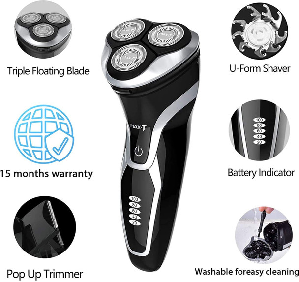 3.7V Men Electric Razor, MAX-T 2900r/min 3D Rotary Waterproof Electric Shaver for Men with Pop-up Trimmer