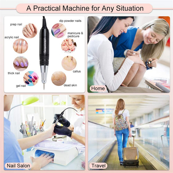 30000rpm Professional Acrylic Nail E-file Drill Machine Kit, High Speed, Low Noise, Low Vibration, Low Heat, Electric Nail File Manicure Pedicure Kit for Nails, Black