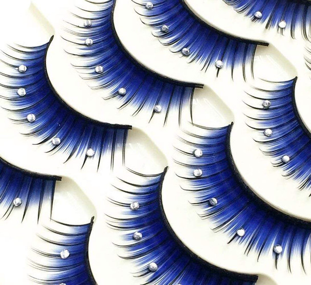 5 Pairs Blue Fluffy False Eyelashes with Rhinestone 3D Shiny Long and Thick Exaggerated False Eyelashes Extension Handmade Grafting Dramatic Fake Eyelashes Makeup Eye Lashes for Women and Girls