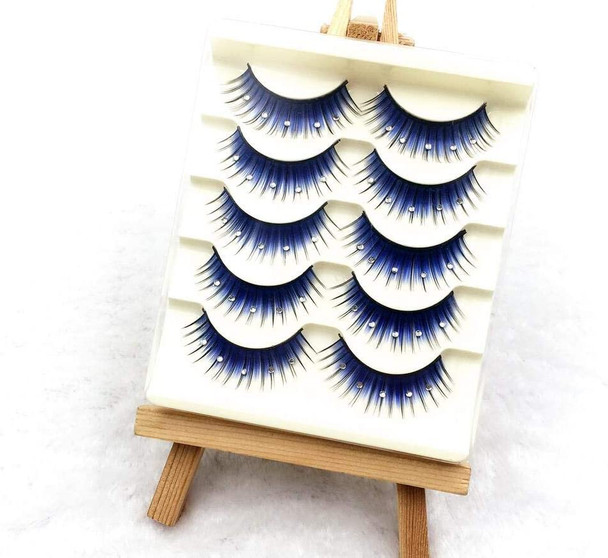 5 Pairs Blue Fluffy False Eyelashes with Rhinestone 3D Shiny Long and Thick Exaggerated False Eyelashes Extension Handmade Grafting Dramatic Fake Eyelashes Makeup Eye Lashes for Women and Girls