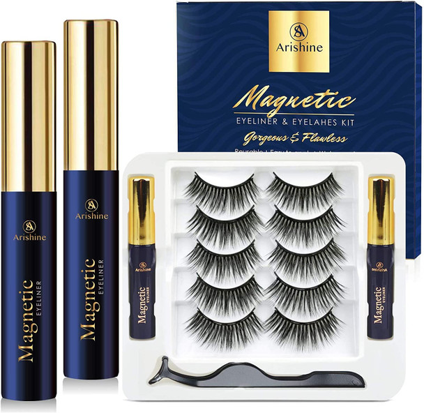Arishine Magnetic Eyelashes with Eyeliner Luxury Multi-layered Effect Natural Look Faux Mink Lashes for Girls | 5 Pair Pack 503