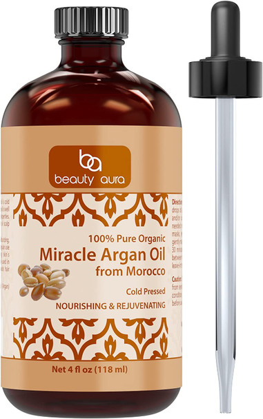 Beauty Aura 100% Pure Organic Miracle Argan Oil From Morocco, 4 Fl Oz (60 Ml) Cold Pressed From Nuts of the Argan Tree