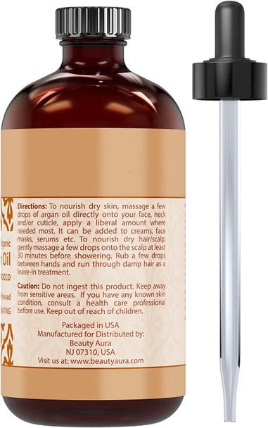 Beauty Aura 100% Pure Organic Miracle Argan Oil From Morocco, 4 Fl Oz (60 Ml) Cold Pressed From Nuts of the Argan Tree