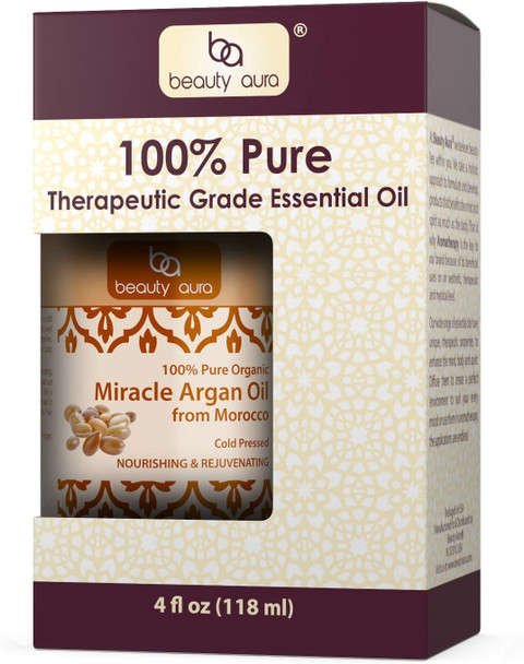 Beauty Aura 100% Pure Organic Miracle Argan Oil From Morocco, 4 Fl Oz (60 Ml) Cold Pressed From Nuts of the Argan Tree