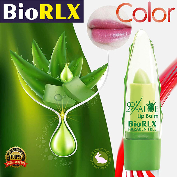 BioRLX 99% Purity Aloe Vera Lip Balm with Color, Moisturizing Lip Plumper, Temperature Color Change, Lipstick Long Lasting, Nutritious Aloe Vera for Female (Three Lip Balms, Tinted)