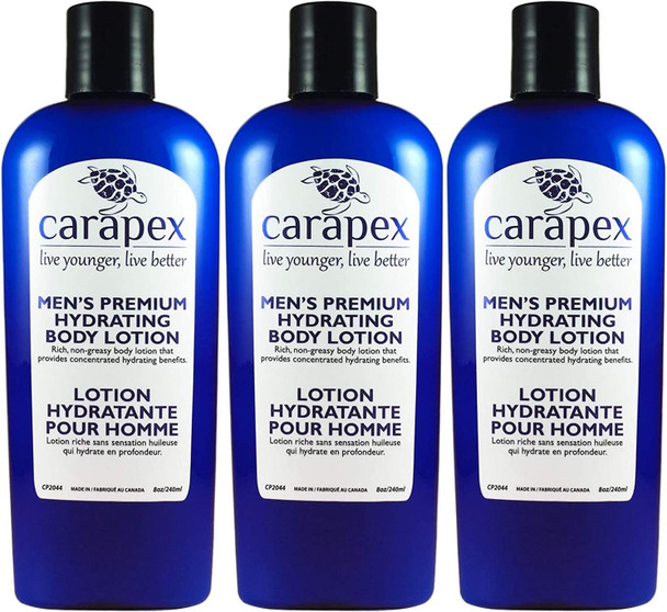 Body Lotion for Men - Carapex Premium Hydrating Body Lotion for Men, Natural Unscented Body & Hand Lotion for Dry Skin, Sensitive Skin, Rough Skin, No Parabens, Non Greasy, 8oz (3-Pack)