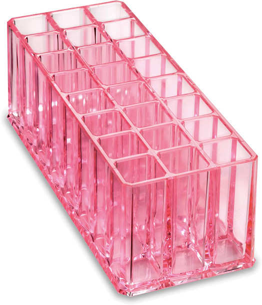 byAlegory (Set Of 2) Acrylic Lip Gloss Organizer & Beauty Makeup Holder | 24 Space Organization Container Storage For Tall Lip Gloss/Lipstick Products - Pink Clear