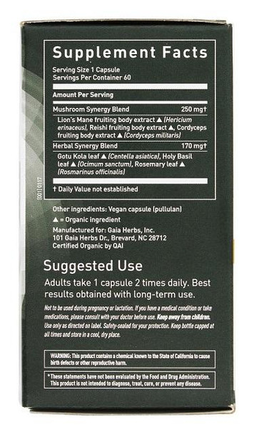 Gaia Herbs Mushrooms Herbs Mental Clarity, 60 Vegetarian Capsules