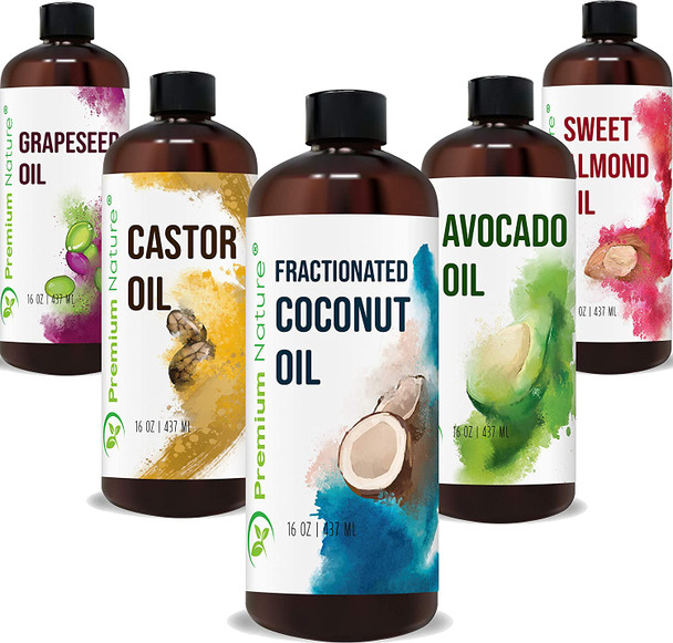 Carrier Oils For Essential Oil - Coconut Oil Castor Oil Grapeseed Oil Avocado Oil & Sweet Almond Oil 16oz Each 5 Piece Variety Set - Best Oils for Stretch Mark Massage Oil Mixing