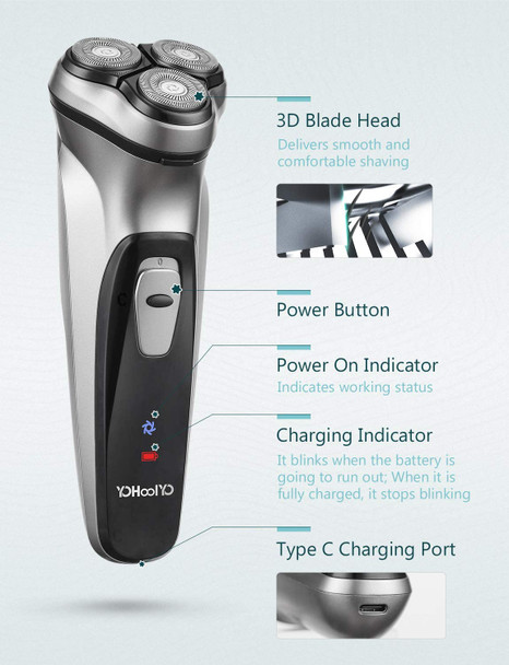 Electric Shaver YOHOOLYO 3D Floating Heads Rotary Shaver for Men Cordless with Pop-up Trimmer