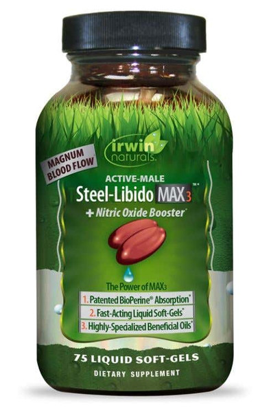 Irwin Naturals Active-Male Steel-Libido Max3 + Nitric Oxide Booster, 75 Soft-Gels