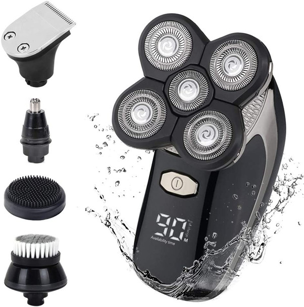FUNFLOWERS 5-in-1 Electric Razor for Men Bald Head Shaver, 1 Hour Quick-Charge Waterproof, LED Electric Shaver Wet & Dry, Grooming Kit with Nose Trimmer, Face Cleansing Brush & Facial Massager