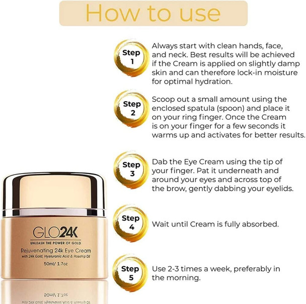 GLO24K Eye Cream with 24k Gold, Hyaluronic Acid, Rosehip Oil, and Vitamins. Minimizes wrinkles and fine-lines around the eyes.
