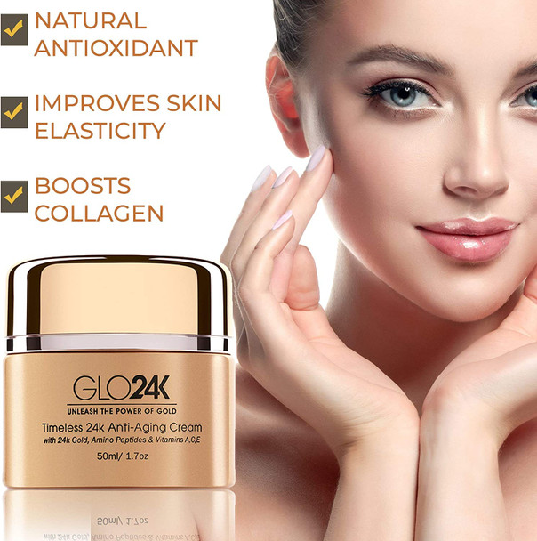 GLO24K Timeless Age-Defying Cream with 24k Gold, Retinol, Peptides, and Vitamins A,C,E.