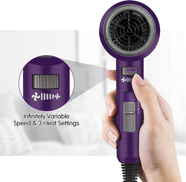 Hair Dryer for Travel&Home, 1600W Lightweight Negative Ionic Hair Blow Dryer, 3 Heat Settings, Cool Settings, Diffuser and Concentrator Nozzles ( Purple )