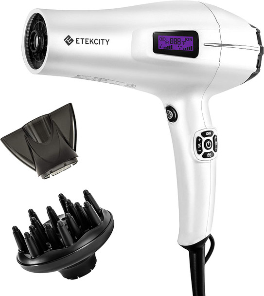 Hair Dryer, Etekcity Professional 1875W Ionic Blow Dryer with Diffuser and Concentrator, Intelligent Temperature Control Technology for Fast and Healthy Drying, LCD Display, ETL & CA65 Certified