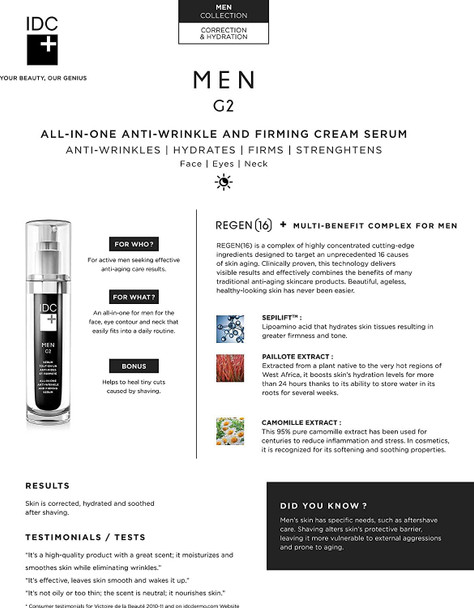 IDC Dermo - MEN G2 - All-In-One Moisturizer Day & Night Cream for Mens - Firming & Anti-Wrinkle Skin Care for Face, Eyes and Neck - Normal to Dry Skin - 30 ml / 1 fl. oz.