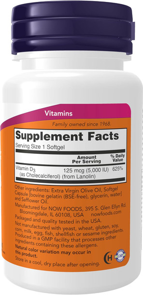 NOW Supplements, Vitamin D-3 5,000 IU, High Potency, Structural Support 240 Softgels