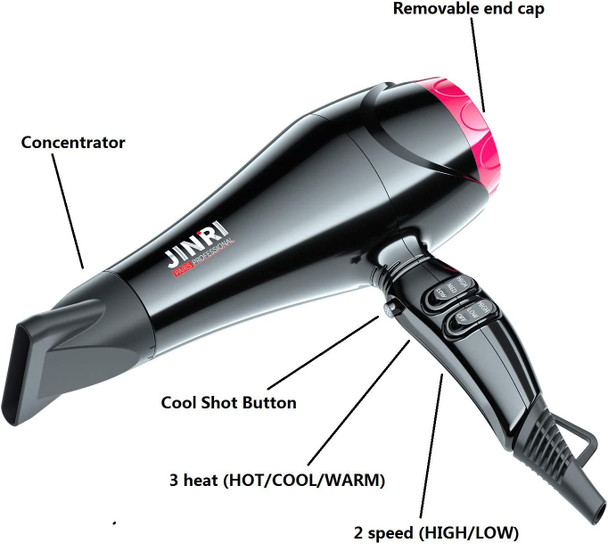 Jinri 1875W Professional Hair Dryer AC Motor Negative Ionic Blow Dryer Ceramic With Styling Concentrator Nozzle 2 Speed and 3 Heat Settings Cool Shut Button,Black
