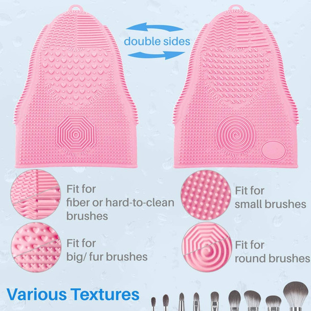 Kalevel Silicone Makeup Brush Cleaning Mat Beauty Brush Cleaner Mitten Scrubber Pad with 5pcs Cosmetic Brush Protector (Pink)