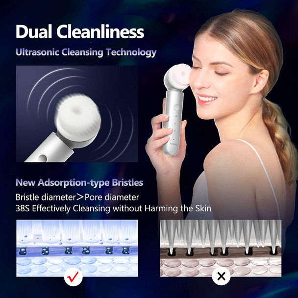 KINGDO Facial Cleansing Brush Rechargeable, For Effective Exfoliating & Massaging Face With 2 Customized Brush Heads, Reduce Oil & Blackhead, IPX7 Waterproof Wash Device, White