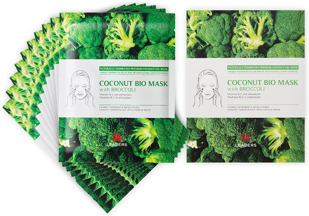 Korean Face Masks Skin Care, Calming, Soothing, Controls Sebum, Coconut Bio with Broccoli Facial Sheet Masks for Women Men by Leaders Insolution (10-Pack)