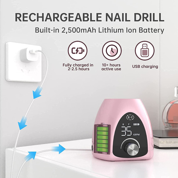 Kredioo Rechargeable 35000RPM Nail Drill Machine, Professional Electric Nail File Manicure Kits for Natural Nails and Acrylic Nails Gel Polish Remover with Foot Pedal-Rose Gold