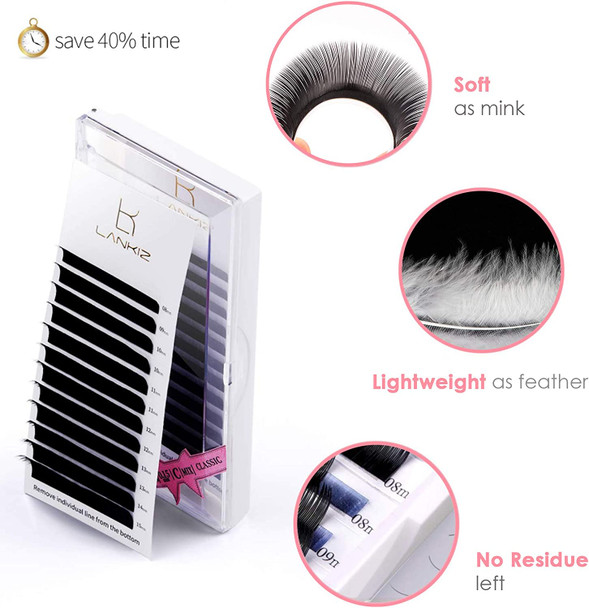 LANKIZ Eyelash Extensions Individual Lashes 0.15mm C Curl 8-15mm Mink Eyelash Extension Supplies Classic Lash Extensions Professional