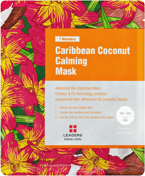 Leaders Insolution 7 Wonders Caribbean Coconut Facial Sheet Masks for Soothing, Calming for Irritated Skin, Antioxidant Korean Skin Care (10-Pack)