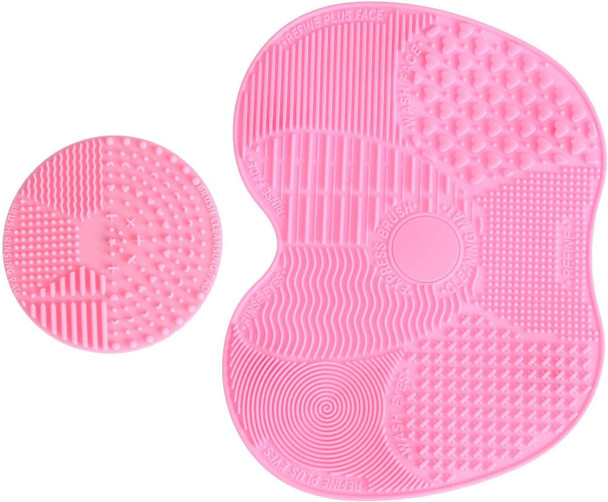 LEADSTAR Makeup Brush Cleaning Mat, Silicon Makeup Brush Cleaner Pad, 1 Apple Shaped Large Mat + 1 Round Shaped Mini Mat (Pink)