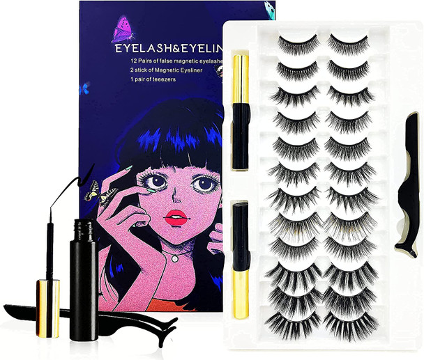 Magnetic Eyelashes and Magnetic Eyeliner Kit, 12 Pairs False Lashes With 2 Tubes Magnetic Eyeliner And Magnetic Eyelash Applicator Tool 5D