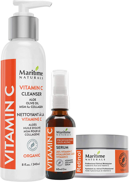 Maritime Naturals Face Bundle Pack of 3  1% Retinol Cream 120ml, 20% Vitamin C Serum 60ml, Vitamin C Facial Cleanser 240ml