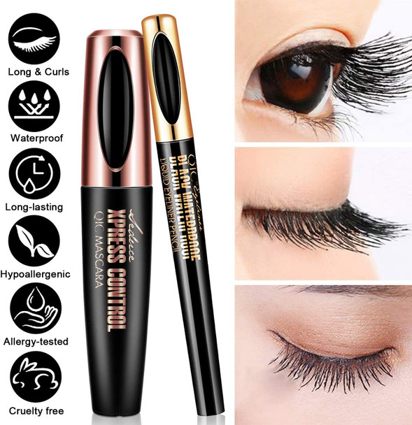 Mascara Eyeliner Set 4D Silk Fiber Lash Mascara & Waterproof Liquid Eyeliner set Long-lasting All Day, Smudge-Proof, Waterproof, Adds Length, Depth and Glamour Effortlessly