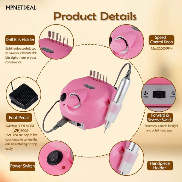 MPNETDEAL Electric Nail Drill Efile Professional Nail Drill machine 30000RPM Tools for Acrylics Nails Natural Nails with Foot Pedal Ideal for Getl Nail At Home use or Nail Salon (Pink)