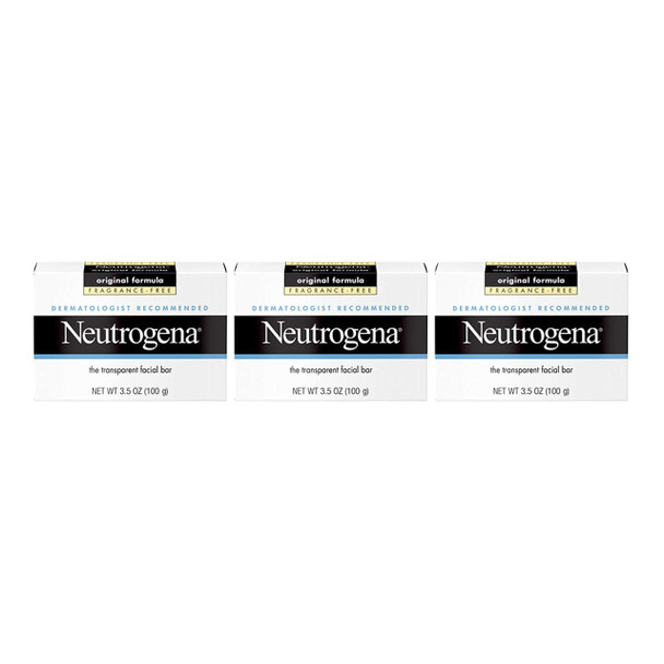 Neutrogena Original Fragrance-Free Facial Cleansing Bar with Glycerin, Pure & Transparent Gentle Face Wash Bar Soap, Free of Harsh Detergents, Dyes & Hardeners, 3.5 oz (Pack of 3)