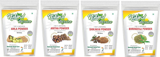 Natural Mission Herbal Amla Powder 100G, Bhringraj Powder 100G, Shikakai Powder 100G, Aritha Powder 100G - 1 Complete Hair Care Combo Pack