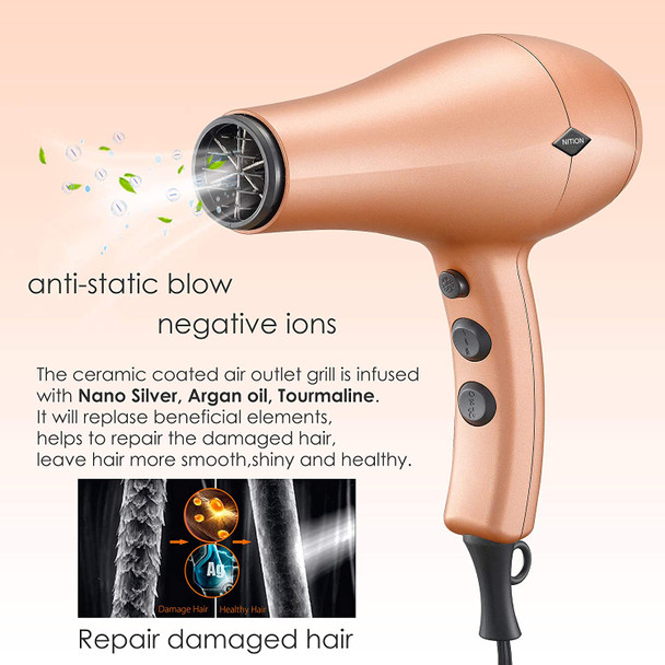 NITION Negative Ions Ceramic Hair Dryer with Diffuser Attachment Ionic Blow Dryer Quick Drying,1875 Watt 2 Speed / 3 Heat Settings,Cool Shot Button,Lightweight,Champagne Gold