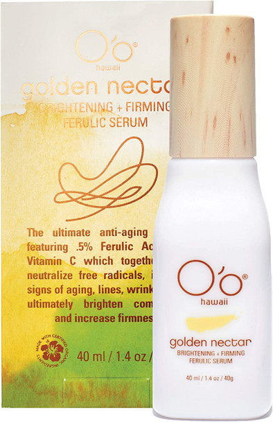O'o Hawaii Golden Nectar Brightening and Firming Ferulic Serum, Anti Wrinkle and Anti Aging Hyaluronic Acid and Vitamin C, 1.4oz