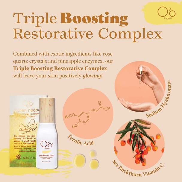 O'o Hawaii Golden Nectar Brightening and Firming Ferulic Serum, Anti Wrinkle and Anti Aging Hyaluronic Acid and Vitamin C, 1.4oz