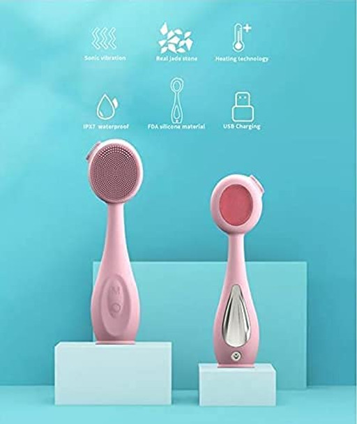 OCTASTAR Electric Facial Cleansing Brush, Silicone Jade Vibration Heating Facial Brush, Electric Smart Cleansing Brush, Facial Cleanser, Rose Quartz Brush With Heating Technology, Sonic Vibration, Waterproof, & Real Jade Stone